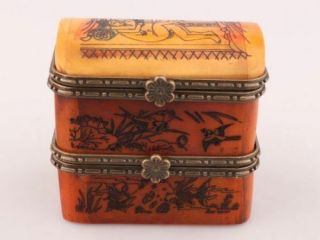 Vintage Chinese Cattle Bone Jewelry Box Old Hand - Painted Men Women Love Collec