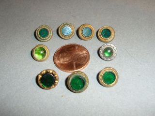 Antique Waistcoat Buttons Green Glass In Brass Settings