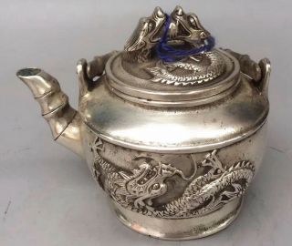 Ancient Collectable Miao Silver Carve Dragon Exorcism Old Art Handwork Tea Pot