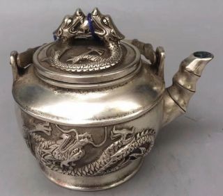 Ancient Collectable Miao Silver Carve Dragon Exorcism Old Art Handwork Tea Pot 2