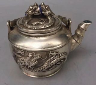 Ancient Collectable Miao Silver Carve Dragon Exorcism Old Art Handwork Tea Pot 3