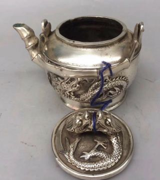 Ancient Collectable Miao Silver Carve Dragon Exorcism Old Art Handwork Tea Pot 4