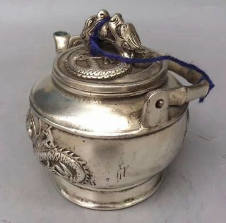 Ancient Collectable Miao Silver Carve Dragon Exorcism Old Art Handwork Tea Pot 5