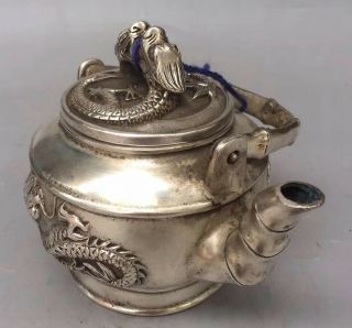 Ancient Collectable Miao Silver Carve Dragon Exorcism Old Art Handwork Tea Pot 6