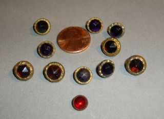 Antique Waistcoat Buttons Faceted Red Glass In Brass Settings