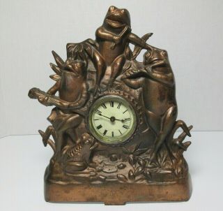 Antique Cast Iron Frogs Mantel Clock 19th Century