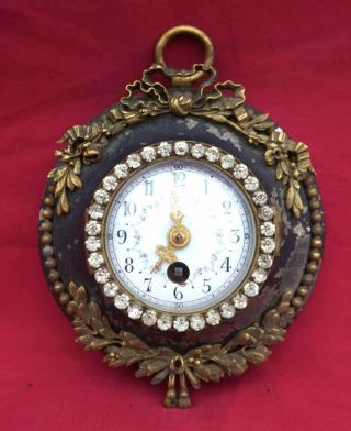 French Antique Wall Clock Gilt Brass Tole Enameled Dial 1900