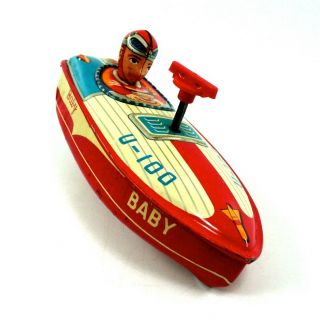 Vintage Asc (japan) “baby U - 100” Tin Litho Wind - Up Speed Boat W/driver Nr