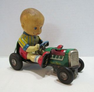 Hot Rod Go Kart Vintage Tin Friction Toy W/ Boy Driver Made In Japan 50 