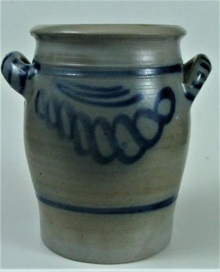 Smaller Antique Westerwald Salt Glaze Stoneware Cobalt Decor Crock Loop Handles