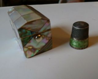 Mother Of Pearl Thimble Box With Sterling Thimble/pale Green Guilloche