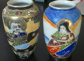 Fine Old Vintage Japanese Satsuma Pottery Moriage Hand Painted Vases