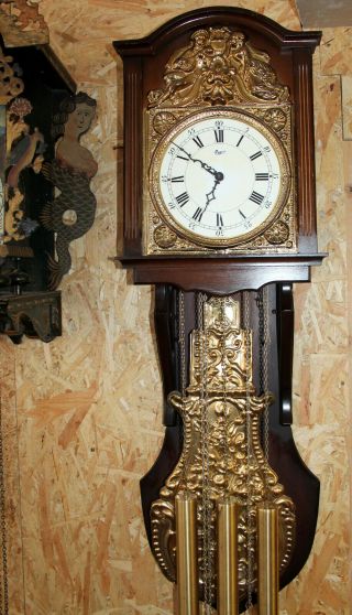 Old Big Wall Clock Comtoise Westminster Clock In Brass Base In Wood Urgos