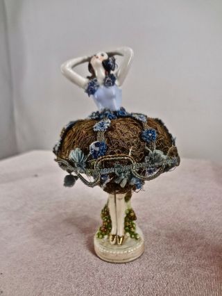 Antique Miniature German Porcelain Standing Half Doll Pedestal Legs Pin Cushion