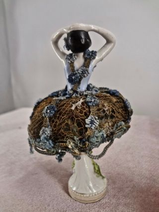 Antique Miniature German Porcelain Standing Half Doll Pedestal Legs Pin Cushion 4