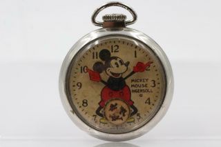 1930s Vintage Mickey Mouse Ingersoll Movable Hands Pocket Watch For Repair