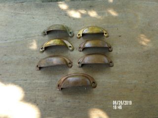 7 Antique Solid Brass Bin Pulls Handles.
