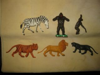 6 Dulcop Italy Zoo / Tarzan Vintage 1972 Painted Plastic Play Set Figures