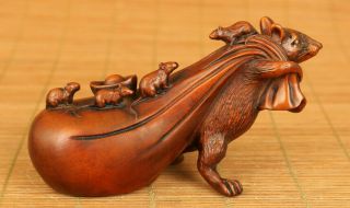 Chinese Old Boxwood Hand Carved Fortune Mouse Statue Netsuke Table Home Decorate