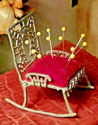 ANTIQUE VICTORIAN LEAD ROCKING CHAIR PIN CUSHION 2