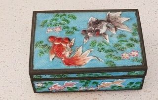 Antique Vintage Chinese Cloisonne Enamel Box Hinged Lid & 2 Plates Fish Pattern