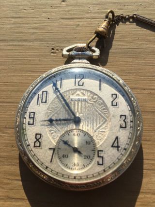 Vintage 1928 Elgin Open Face Ornate 12 Size O/f Case Pocket Watch W/ Chain Runs