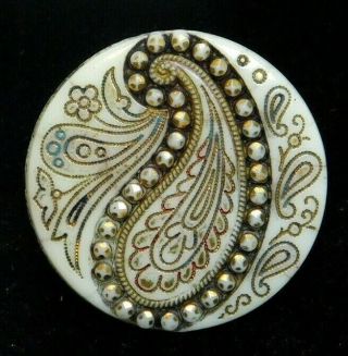 Large Antique Glass Button Victorian Paisley Incised & Hand Painted