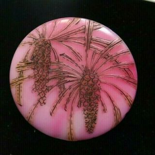 Antique Victorian Glass Button Pink Slag W Incised Pine Cones & Needles