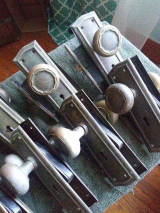 7 Marching 1920s Brass Door Complete Lockset Knobs Plates Lock Art Deco Nouveau
