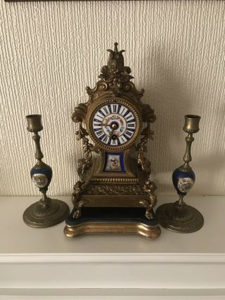 Stunning French Late 19c Clock With Handpainted Panels And Garnitures