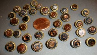 Antique Waistcoat Buttons Black & Red Glass Goldstone Swirl In Brass Settings 1