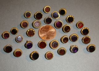 Antique Waistcoat Buttons Red Glass In Brass Settings