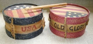 Antique American Patriotic Pair Cardboard Toy Drum Usa Flag Decorated 412jj