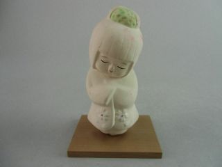 Japanese Clay Doll Kimono Girl Vtg Ningyo Figurine Wooden Stand Ok891