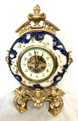 Antique French Eugene Farcot Porcelain / Pottery Mantel Clock Gilt Style Mounts