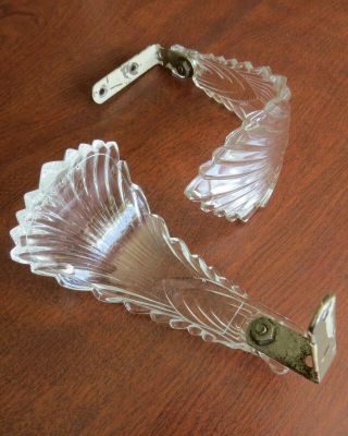 2 Vtg Antique Art Deco Glass Leaf Feather Curtain Tiebacks Orig Hardware Period 3