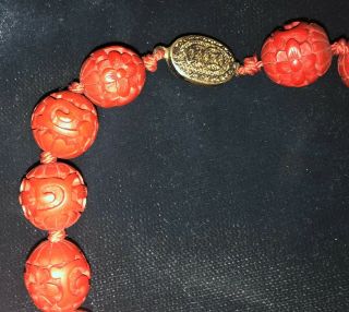 Vintage Chinese Red Cinnabar Necklace 30 " Large 16mm