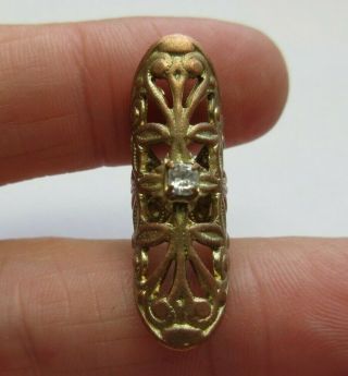 Exquisite Large Antique Vtg Metal Filigree Cage Button W/ Glass Paste Jewel (d)