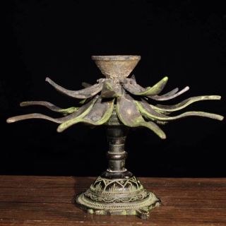 Chinese Antique Tibetan Buddhism Old Bronze Lotus Lamp Oil lamp 5