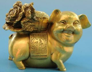 Chinese Old Copper Hand - Carved Chinese Zodiac Wealth Pig Back Cabbage Statue E02