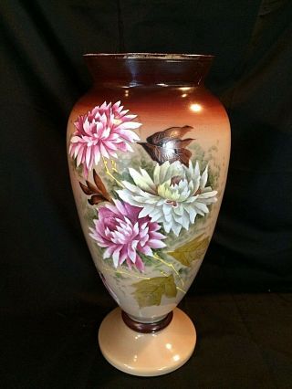 19thc Victorian Hand Painted Bristol Glass Vase England 12 " Taupe W Pink Mums Ec