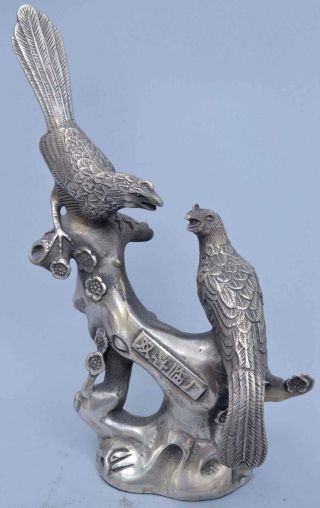 Collectable China Auspicious Handwork Royal Old Miao Silver Carve Magpie Statue