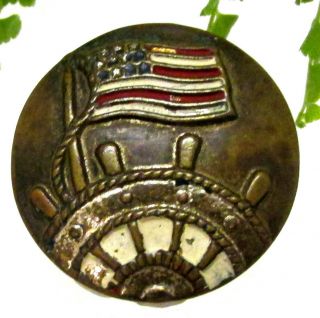 Vintage Metal Button W/ Painted Red White Blue Flag & Ships Wheel D26