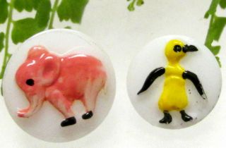 2 Vintage Glass Kiddie Childrens Buttons Pink Elephant And Penguin D24