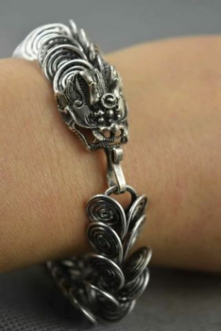 Collectable Old Handwork Miao Silver Carve Ferocity Dragon Auspicious Bracelet
