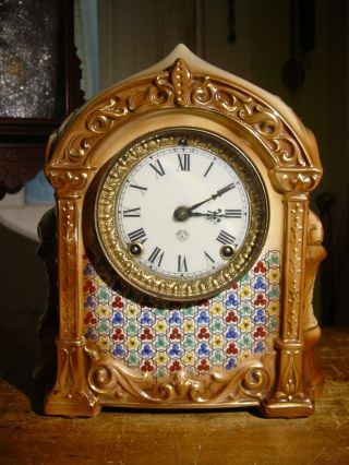 Antique Rare Ansonia 1902 " Abia " Porcelain Shelf Mantel Clock Well