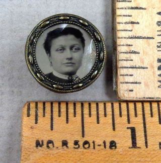 Tintype Antique Button 12,  1800s Young Woman Close - Up,  Set In Metal