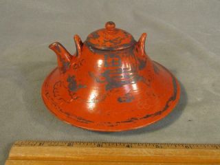 Unusual Antique Chinese Red & Black Porcelain Disk Form Teapot - Signed