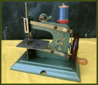 Rare Antique Schurhoff Blue & Gold Flowers Toy Hand Crank Sewing Machine