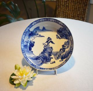 Vintage Japanese Arita Imari Bowl,  Blue & White,  Landscape,  10 " Diameter,